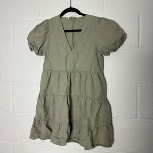 Zara Sage Green Linen Blend Puff Sleeve Tiered Mini Babydoll Dress XS
